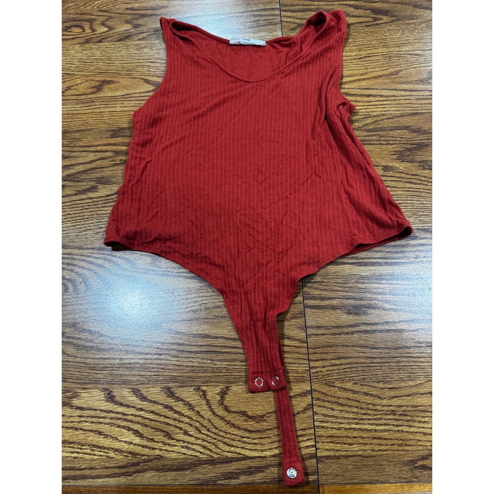 Double Zero Womens Ribbed Sleeveless Bodysuit Rust Red V-Neck Size Large